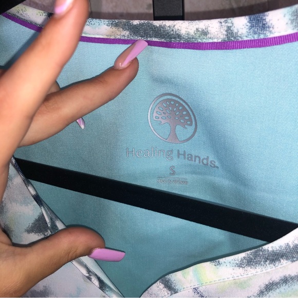 Healing Hands two button Jewel Neck blue and green patterned Scrub top - Picture 8 of 8